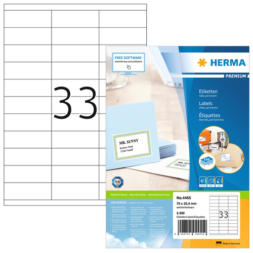 Etiket Herma 4455 70X25.4MM Premium Wit 3300Stuks