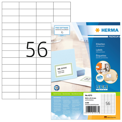 Etiket Herma 4273 52.5X21.2MM Premium Wit 5600Stuks