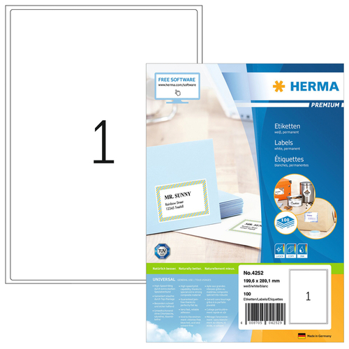 Etiket Herma 4252 199.6X289,1MM Premium Wit 100Stuks