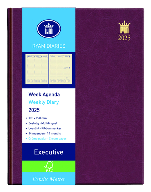 Agenda 2023 Ryam Executive 7Dagen/2Pagina's Bordeaux | Kantoorartikel | 900194 | Bruna