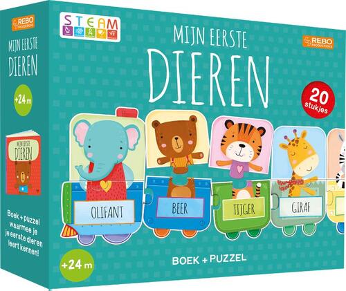 Puzzeltrein 20 stukjes en boek - Mijn eerste dieren -   (ISBN: 9789036641920)